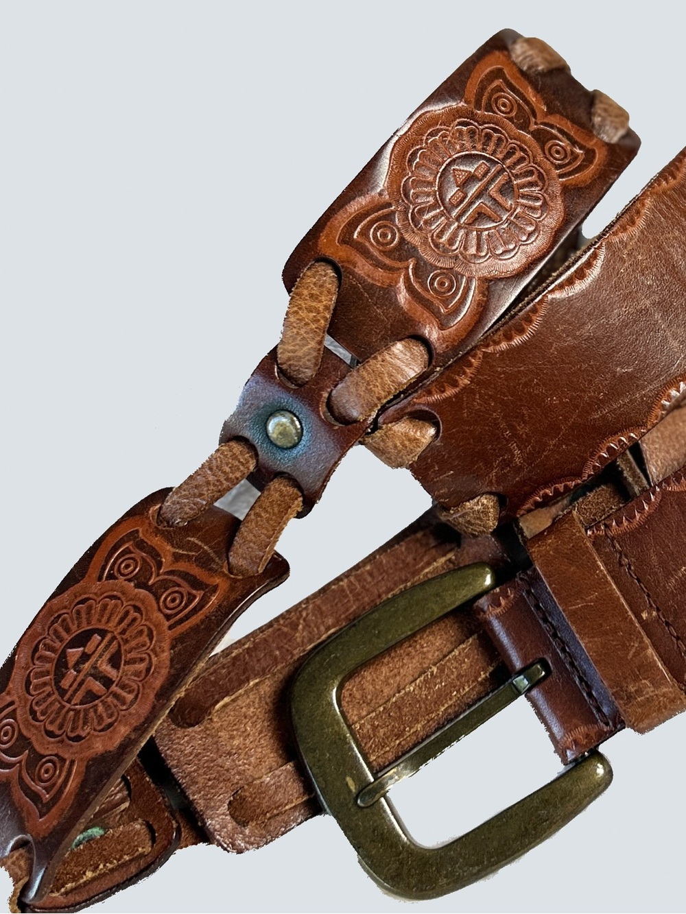 Fossil Tooled Leather Link Belt Southwestern Boho Large Size 34-38" - Picture 6 of 10